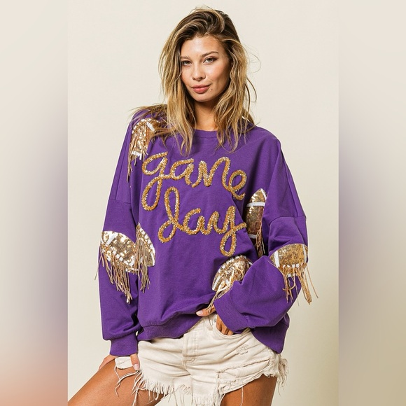 BiBi Sequin Football Patches Game Day Sweatshirt - Picture 1 of 6